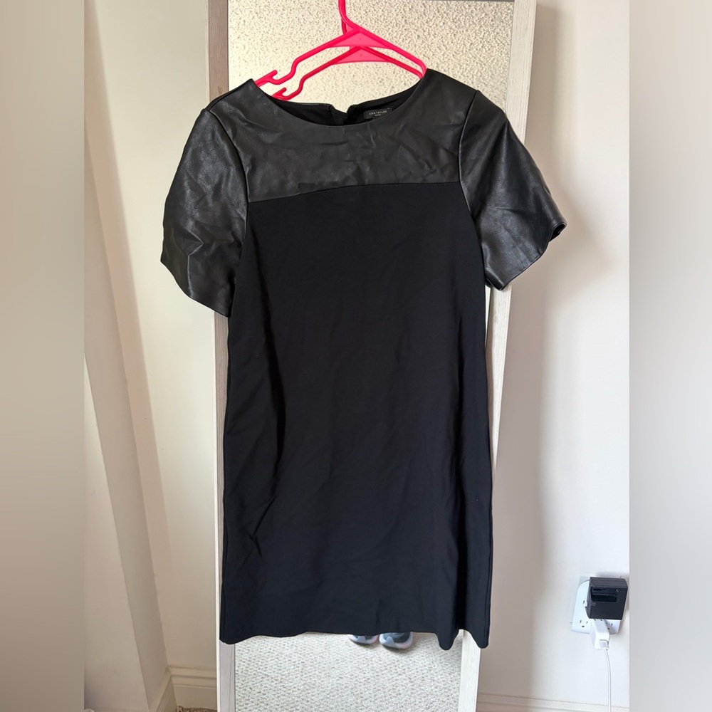 Ann Taylor Black Faux Leather-Trim Shift Dress